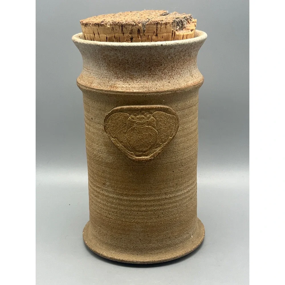 Handmade Signed‎ Pottery Kitchen Canister Jar Cork Lid Spoon Rest Rustic Style